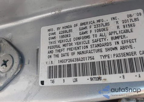 2009 Honda Accord Lxp from USA, damaged, VIN 1HGCP26439A201754